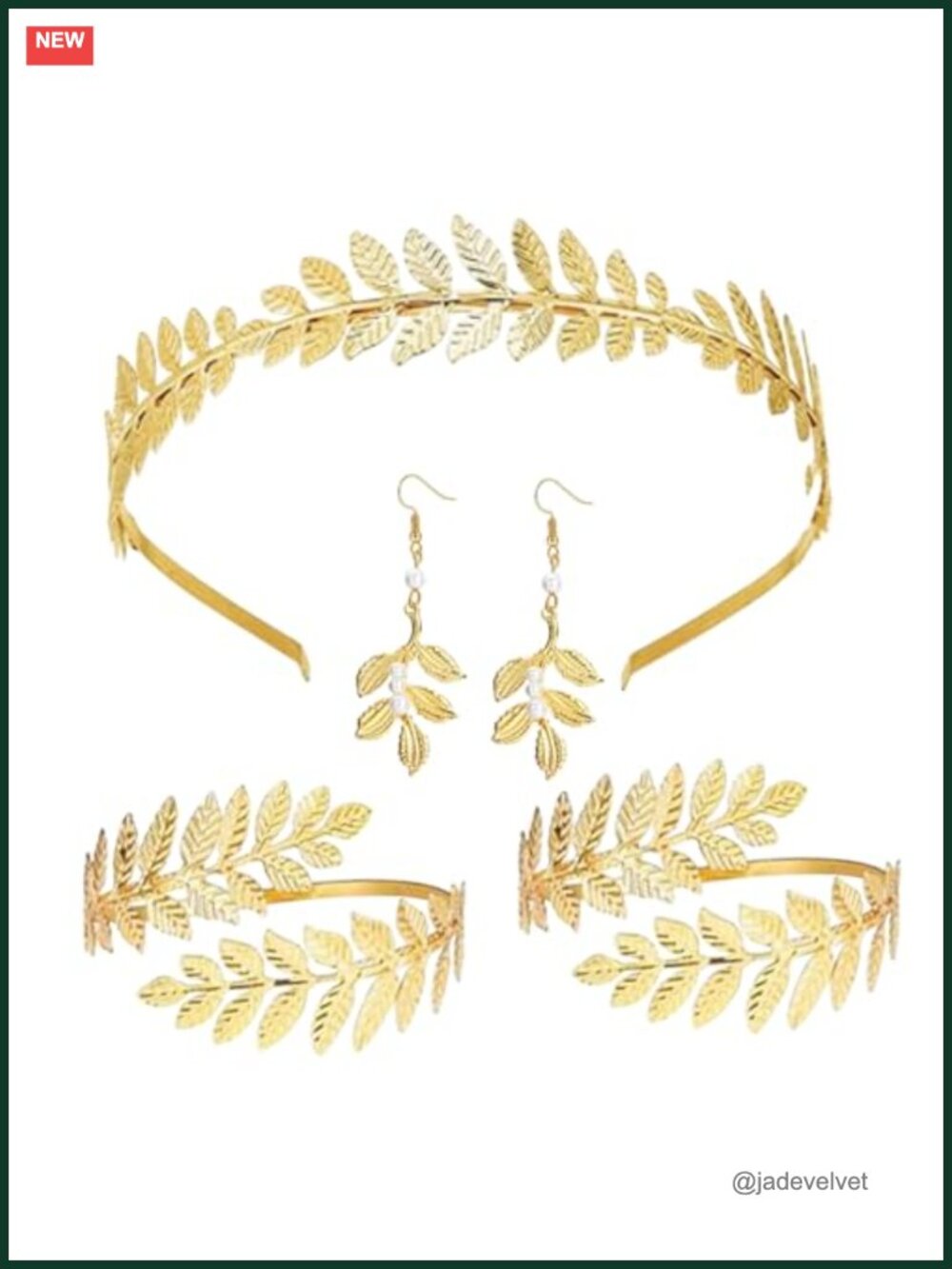 5Pc Gold Plated Greek Goddess Costume Jewelry Set Leaf Crown Arm Cuffs Earrings